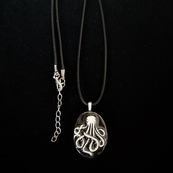 Handmade Ceramic Black Octopus Kraken Pendant Necklace - Picture 5 of 14